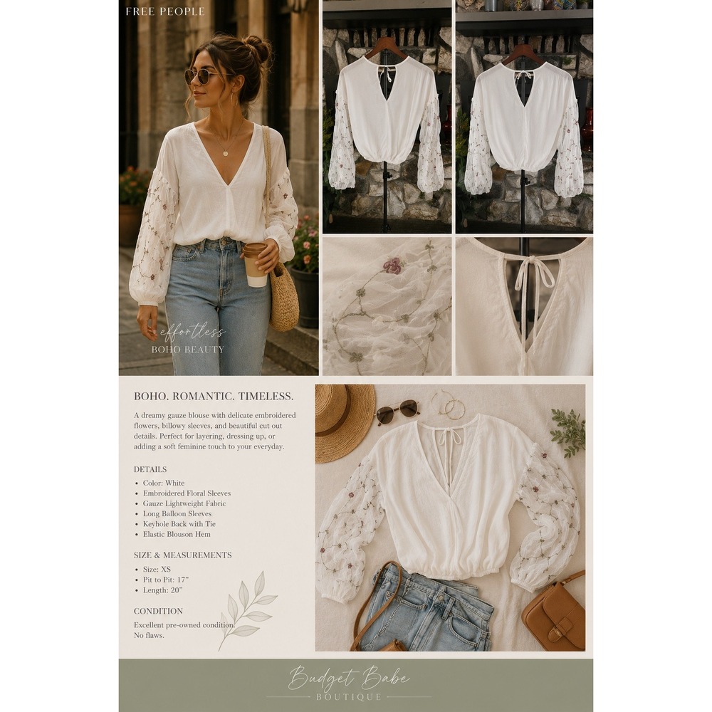 Catch Stitch White Embroidered Floral Gauze Blouse Boho Balloon Sleeve XS
